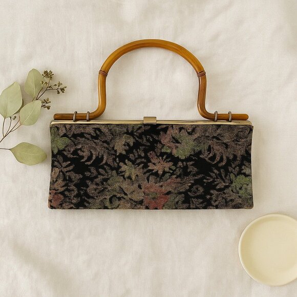 Vintage Floral Tapestry Purse Top Handle Bag Bamboo Style Frame Kiss Lock 1950s - Picture 1 of 12